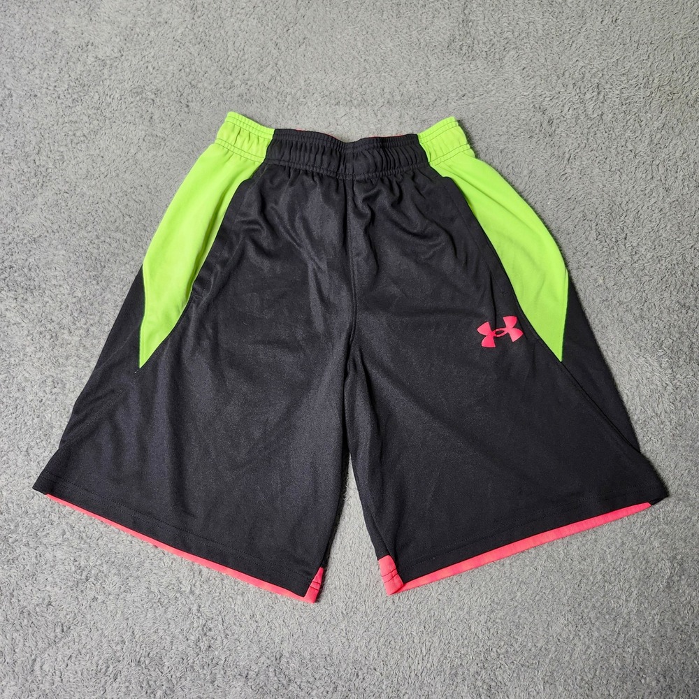 Under Armour Boys Medium Athletic Shorts Black Neon Green Pink 1370220